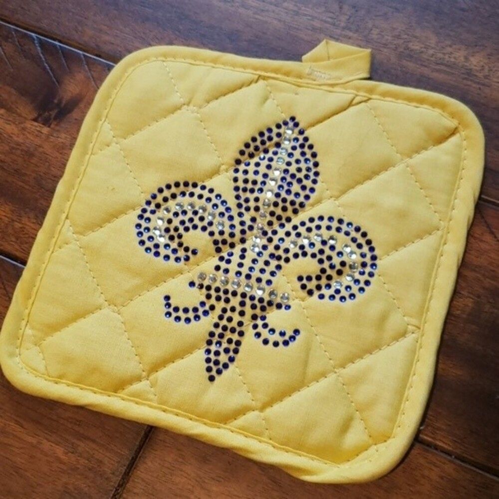 Yellow Gold rhinestone pot holder fleur de lis LSU Colors!